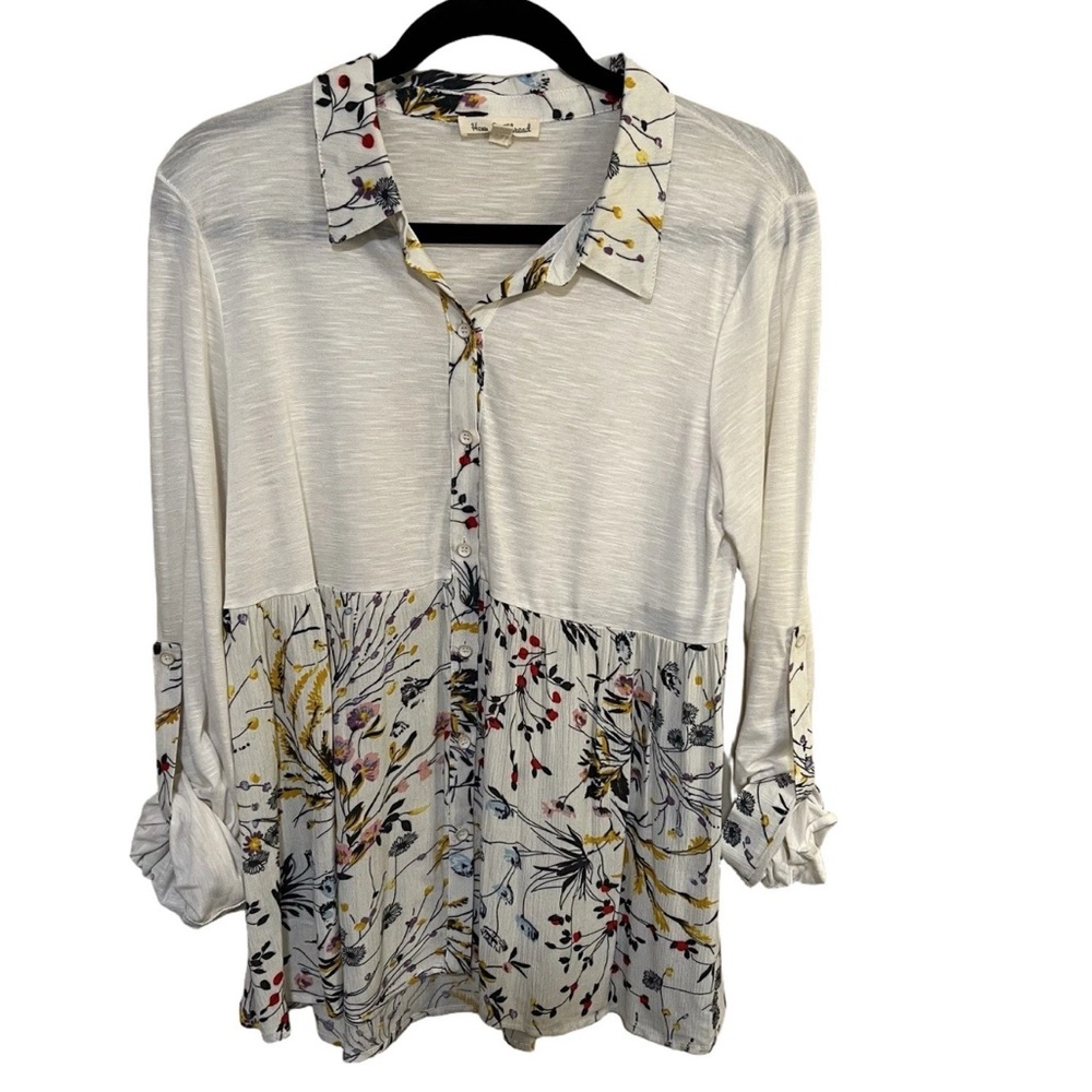 Anthropologie Hem & Thread Top L Button Up Floral Roll Cuff Cream